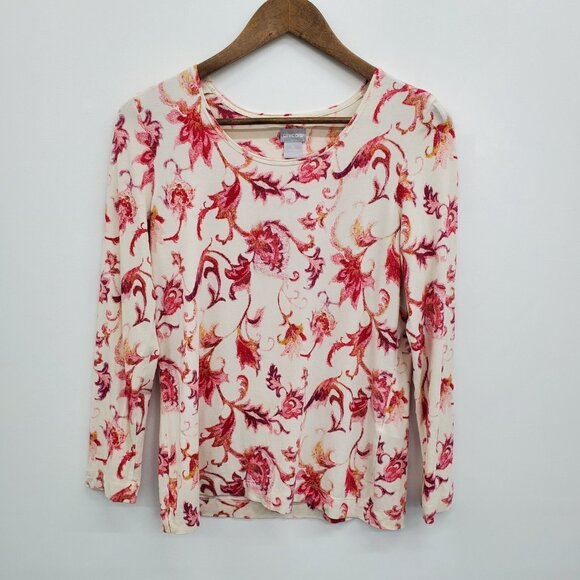 Chico's Womens Floral Layering Tee T-Shirt‎ Size 0 Small Long Sleeve Pink White - Picture 3 of 14
